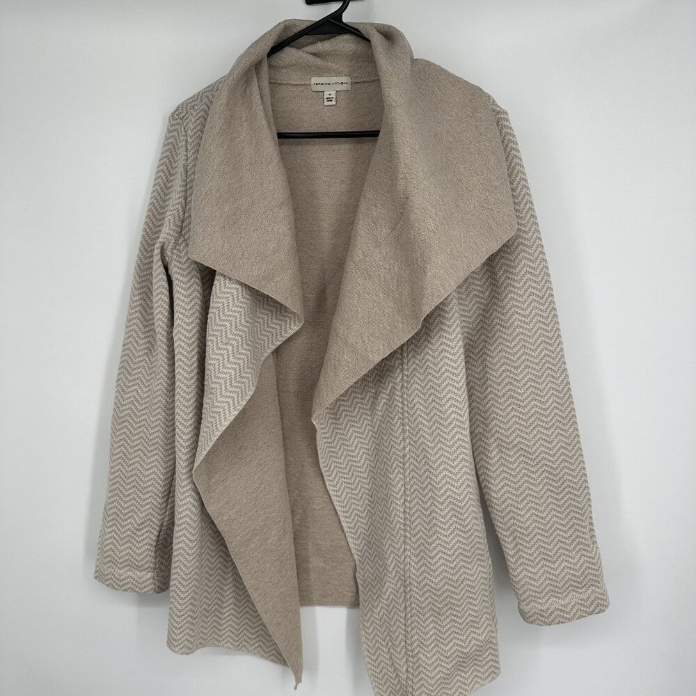 Adrienne Vittadini Cardigan Womens M Wool Blend Open Long Chevron Print Beige